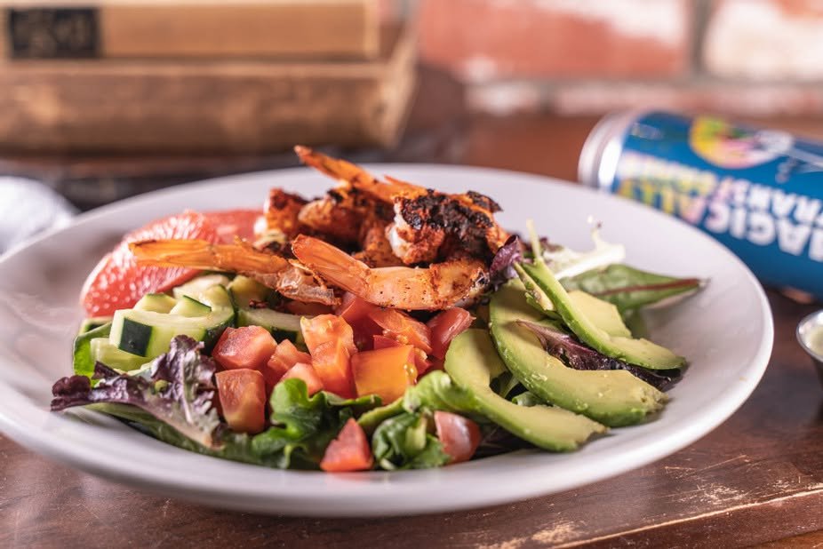 Blackened shrimp salad with avocado and grapefruit